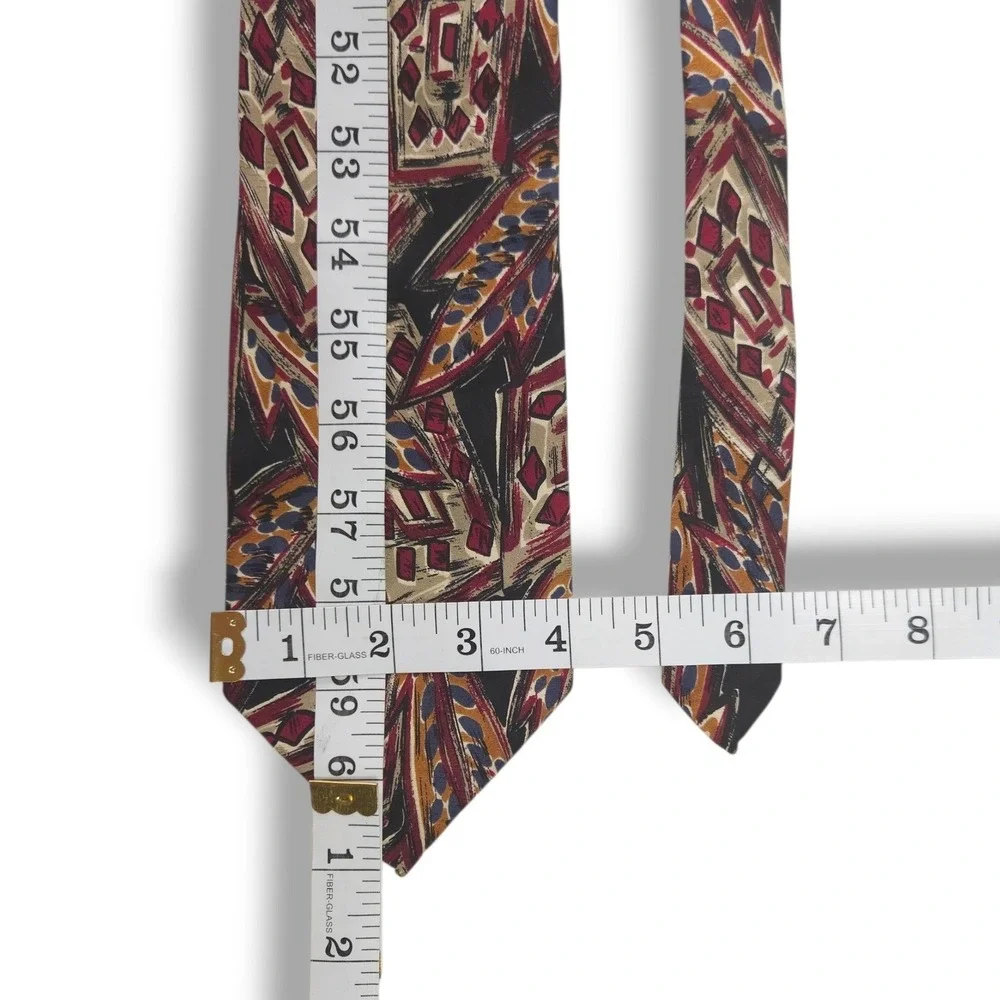 Chez‎ Roffe Silk Necktie Abstract Art Print Black Burgundy Gold Blue Vintage OS